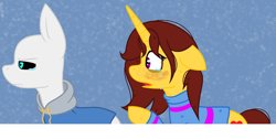 Size: 1024x515 | Tagged: safe, artist:imaginationstudios43, imported from derpibooru, pony, blushing, crying, duo, female, frisk, looking away, male, mare, ponified, sans (undertale), stallion, story included, undertale