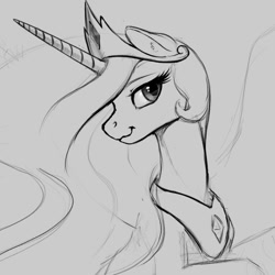 Size: 900x900 | Tagged: safe, artist:amarynceus, imported from derpibooru, princess celestia, pony, female, gray background, mare, monochrome, simple background, sketch, smiling, solo
