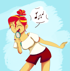 Size: 1405x1429 | Tagged: safe, artist:flight-of-the-moon, deleted from derpibooru, imported from derpibooru, sunset shimmer, equestria girls, bra strap, clothes, eyes closed, female, hairbrush, music notes, shirt, shorts, singing, smiling, solo, underwear
