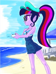 Size: 777x1035 | Tagged: safe, artist:xjleiu, imported from derpibooru, sci-twi, twilight sparkle, equestria girls, equestria girls series, forgotten friendship, attached skirt, beach, bow swimsuit, clothes, female, geode of telekinesis, glasses, hat, ocean, one-piece swimsuit, open mouth, ponytail, remote, sand, skirt, solo, swimsuit