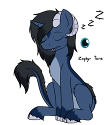 Size: 773x888 | Tagged: safe, artist:mynder, imported from derpibooru, oc, oc only, oc:zephyr tone, pony, cloven hooves, fangs, male, simple background, sitting, sleeping, solo, unknown species, white background, zzz