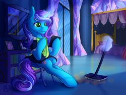 Size: 4000x3000 | Tagged: safe, artist:klarapl, imported from derpibooru, shining armor, twilight sparkle, oc, oc:untitled work, alicorn, pony, unicorn, bed, bedroom, blanket, book, bookshelf, broom, chair, cleaning, clothes, commission, crystal, digital art, dress, duster, female, glowing horn, horn, magic, maid, mare, mirror, pillow, signature, solo, telekinesis, twilight sparkle (alicorn), twilight's castle, window