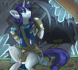Size: 625x563 | Tagged: safe, artist:php154, artist:trojan-pony, imported from derpibooru, rarity, pony, unicorn, alternate universe, cave, clothes, commission, crystal, digital art, female, gem, hoof hold, mare, minecart, miner, pickaxe, signature, sitting, solo