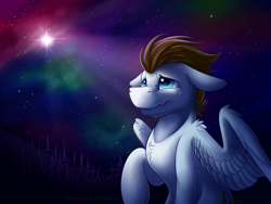 Size: 4000x3000 | Tagged: safe, artist:klarapl, imported from derpibooru, oc, oc only, oc:core, pegasus, pony, commission, crying, digital art, high res, looking up, male, sad, signature, solo, space, stallion, stars, teary eyes