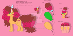 Size: 1024x505 | Tagged: safe, artist:kiralindocruz, imported from derpibooru, oc, oc only, oc:cupcake party pie, earth pony, pony, baby, baby pony, base used, female, hat, huge mane, huge tail, mare, offspring, parent:cheese sandwich, parent:pinkie pie, parents:cheesepie, party hat, pink background, reference sheet, simple background, solo, unshorn fetlocks, watermark