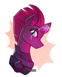 Size: 2800x3459 | Tagged: safe, artist:kaatseye, imported from derpibooru, fizzlepop berrytwist, tempest shadow, pony, unicorn, broken horn, bust, ear fluff, eye scar, female, glowing horn, high res, looking at you, portrait, profile, scar, side view, simple background, solo