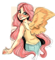 Size: 833x908 | Tagged: safe, artist:cerutwidraws, imported from derpibooru, fluttershy, human, clothes, denim, humanized, looking at you, red nosed, shirt, simple background, smiling, t-shirt, winged humanization, wings