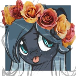 Size: 600x600 | Tagged: safe, artist:xsidera, imported from derpibooru, oc, oc only, oc:raina, pony, cute, female, flower, looking at you, mare, mlem, rose, silly, solo, tongue out