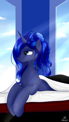 Size: 2160x3840 | Tagged: safe, artist:dashy21, imported from derpibooru, princess luna, alicorn, pony, bed, bed mane, crepuscular rays, female, solo