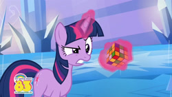 Size: 2048x1151 | Tagged: dead source, safe, imported from derpibooru, screencap, twilight sparkle, pony, unicorn, 1983, angry, animation error, crystal palace, female, frustrated, glowing horn, magic, mare, official, rubik's cube, solo, somehow a unicorn again, telekinesis, unicorn twilight, youtube link