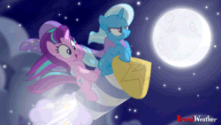 Size: 640x360 | Tagged: safe, artist:brutalweather studio, imported from derpibooru, starlight glimmer, trixie, pony, unicorn, accessory swap, animated, cloud, cute, duo, female, flying, full moon, glare, glimmerbetes, guardians of harmony, i can't believe it's not hasbro studios, leaning, mare, moon, night, open mouth, rocket, show accurate, sitting, sky, smiling, smirk, stars, toy, toy interpretation, trixie's rocket, wide eyes