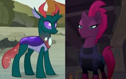 Size: 1019x637 | Tagged: safe, edit, edited screencap, imported from derpibooru, screencap, pharynx, tempest shadow, changedling, changeling, my little pony: the movie, to change a changeling, armor, broken horn, crack shipping, eye scar, female, mare, prince pharynx, scar, shipping, shipping domino, smiling, tempynx