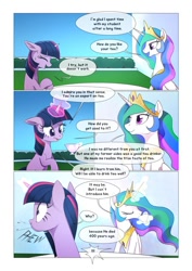 Size: 752x1063 | Tagged: safe, artist:gashiboka, imported from derpibooru, princess celestia, twilight sparkle, alicorn, pony, unicorn, comic:scar of solar, canterlot, canterlot castle, comic, dialogue, drinking, duo, female, food, immortality, levitation, magic, mare, spit take, tea, telekinesis, unicorn twilight