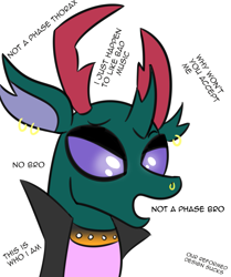 Size: 1105x1323 | Tagged: safe, artist:artiks, imported from derpibooru, pharynx, changedling, changeling, 30 minute art challenge, bust, choker, dialogue, emo, it's a phase, it's not a phase, prince pharynx, simple background, solo, spiked choker, white background