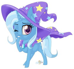 Size: 800x753 | Tagged: safe, artist:unisoleil, imported from derpibooru, trixie, pony, unicorn, cape, chibi, clothes, cute, diatrixes, female, hat, mare, one eye closed, simple background, solo, transparent background, trixie's cape, trixie's hat, wink