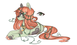 Size: 2000x1168 | Tagged: safe, artist:marsimmortal, imported from derpibooru, oc, oc:atsuko, earth pony, pony, adoptable, brown eyes, green coat, hime cut, jewelry, necklace, redhead, tail wrap, unshorn fetlocks, vine