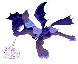 Size: 3000x2489 | Tagged: safe, artist:moonatik, imported from derpibooru, bat pony, pony, alternate timeline, armor, atg 2018, dialogue, female, flying, guardsmare, helmet, hoof shoes, mare, newbie artist training grounds, night guard, nightmare takeover timeline, royal guard, simple background, solo, spread wings, the elder scrolls, transparent background, video game reference, wings