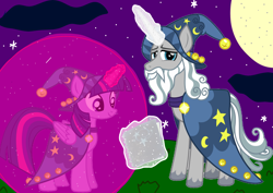 Size: 2000x1414 | Tagged: safe, artist:katya, imported from derpibooru, star swirl the bearded, twilight sparkle, alicorn, pony, unicorn, book, duo, female, force field, glowing horn, magic, male, mare, moon, stallion, star swirl the bearded costume, stars, twilight sparkle (alicorn)