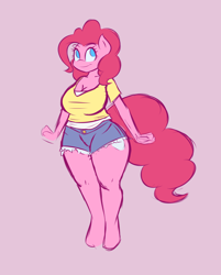 Size: 1856x2312 | Tagged: safe, artist:funble, imported from derpibooru, pinkie pie, anthro, unguligrade anthro, breasts, busty pinkie pie, clothes, daisy dukes, female, shorts, solo, thick