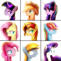 Size: 2160x2160 | Tagged: safe, artist:zidanemina, imported from derpibooru, applejack, derpy hooves, fluttershy, pinkie pie, rainbow dash, rarity, starlight glimmer, sunset shimmer, twilight sparkle, pony, unicorn, female, mane six, mare, one eye closed, smiling