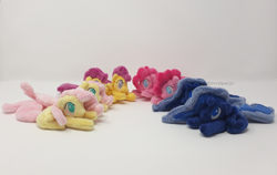 Size: 1000x631 | Tagged: safe, artist:hipsterowlet, imported from derpibooru, fluttershy, pinkie pie, princess luna, scootaloo, alicorn, earth pony, pegasus, pony, beanie (plushie), female, filly, group, irl, mare, mini, photo, plushie, prone