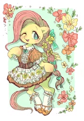 Size: 716x1024 | Tagged: safe, artist:osawari64, artist:yanamosuda, imported from derpibooru, fluttershy, pegasus, pony, bipedal, clothes, collaboration, cute, dress, female, flower, mare, one eye closed, shoes, shyabetes, socks, solo