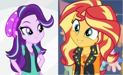 Size: 1436x871 | Tagged: safe, edit, imported from derpibooru, screencap, starlight glimmer, sunset shimmer, equestria girls, equestria girls series, mirror magic, rollercoaster of friendship, spoiler:eqg specials, adorable face, beanie, cute, hat, smiling