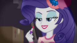 Size: 1920x1080 | Tagged: safe, artist:foxmaister, color edit, edit, edited screencap, imported from derpibooru, screencap, rarity, equestria girls, equestria girls series, rarity investigates: the case of the bedazzled boot, colored, detective rarity, female, lipstick, makeup, rarity investigates (eqg): trixie, sexy, smiling, solo, teasing