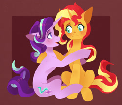 Size: 1921x1659 | Tagged: safe, artist:koviry, imported from derpibooru, starlight glimmer, sunset shimmer, pony, unicorn, blushing, duo, female, looking at each other, mare, open mouth, sitting, speedpaint available