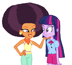 Size: 2648x2414 | Tagged: safe, artist:bigpurplemuppet99, artist:choraler, imported from derpibooru, saffron masala, twilight sparkle, equestria girls, afro, base used, equestria girls-ified, female, lesbian, lipstick, saffright, shipping, simple background, transparent background, twiffron