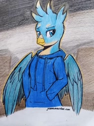 Size: 1280x1711 | Tagged: safe, artist:jcosneverexisted, imported from derpibooru, gallus, anthro, griffon, clothes, hoodie, male, solo, traditional art, wings