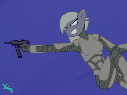 Size: 1440x1080 | Tagged: safe, artist:yenchey, imported from derpibooru, limestone pie, anthro, angry, armor, blue background, female, gritted teeth, gun, jumping, simple background, solo, teeth, teeth grinding, weapon