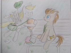 Size: 4096x3072 | Tagged: safe, artist:supercastle, imported from derpibooru, derpy hooves, doctor whooves, time turner, balloon, bench, traditional art