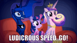 Size: 710x400 | Tagged: safe, artist:2snacks, edit, imported from derpibooru, princess cadance, princess luna, twilight sparkle, alicorn, pony, two best sisters play, animated, bloodshot eyes, caption, couch, female, flapping cheeks, gif, gif with captions, ludicrous speed, spaceballs the tag, text, trio, twilight sparkle (alicorn)