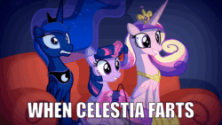 Size: 710x400 | Tagged: safe, artist:2snacks, edit, imported from derpibooru, princess cadance, princess luna, twilight sparkle, alicorn, two best sisters play, animated, bloodshot eyes, fart joke, female, image macro, implied farting, implied princess celestia, meme, twilight sparkle (alicorn)