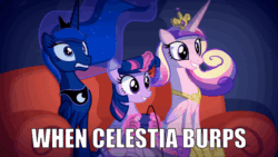 Size: 710x400 | Tagged: safe, artist:2snacks, edit, imported from derpibooru, princess cadance, princess celestia, princess luna, twilight sparkle, alicorn, pony, two best sisters play, animated, bloodshot eyes, burp, controller, couch, female, glowing horn, hand, magic, magic hands, mare, twilight sparkle (alicorn), wavy mouth