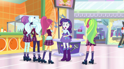 Size: 1280x717 | Tagged: safe, imported from derpibooru, screencap, lemon zest, rarity, sour sweet, sugarcoat, sunny flare, dance magic, equestria girls, spoiler:eqg specials, clothes, crystal prep academy uniform, school uniform