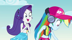 Size: 1280x720 | Tagged: safe, imported from derpibooru, screencap, rainbow dash, rarity, equestria girls, equestria girls series, lost and found, belly button, cap, cute, duo, duo female, female, geode of shielding, geode of super speed, hat, headphones, huggable, magical geodes, raribetes, rarity's blue sarong, rarity's purple bikini, sarong