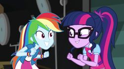 Size: 1280x718 | Tagged: safe, imported from derpibooru, screencap, rainbow dash, sci-twi, twilight sparkle, equestria girls, movie magic, spoiler:eqg specials, excited, female, geode of telekinesis, glasses, smiling