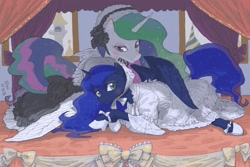 Size: 1800x1200 | Tagged: safe, artist:yanamosuda, imported from derpibooru, princess celestia, princess luna, alicorn, pony, blushing, canterlot, clothes, duo, female, lolita fashion, mare, ribbon, royal sisters, sisters