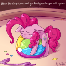 Size: 1024x1024 | Tagged: safe, artist:dsp2003, imported from derpibooru, pinkie pie, earth pony, pony, 30 minute art challenge, beach ball, comic, confetti, crying, depression, ear fluff, end of ponies, eyes closed, female, floppy ears, frown, harsher in hindsight, mare, prone, ribbon, sad, sad in hindsight, single panel, solo