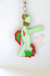 Size: 681x1024 | Tagged: safe, artist:king-franchesco, imported from derpibooru, oc, oc only, oc:redchetgreen, earth pony, pony, commission, cutie mark, hooves, irl, keychain, male, open mouth, photo, solo, stallion, upside down, watermark