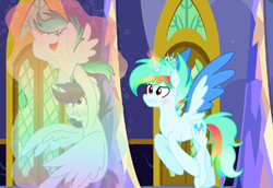 Size: 1236x852 | Tagged: dead source, safe, artist:rainbows-skies, artist:thesmall-artist, imported from derpibooru, oc, oc only, oc:blaze storm, oc:bright storm, oc:water star, alicorn, pegasus, pony, alicorn oc, colt, female, magical gay spawn, male, mare, offspring, offspring's offspring, parent:oc:blaze storm, parent:oc:water star, parent:rainbow dash, parent:soarin', parents:oc x oc, parents:soarindash, stallion