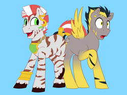 Size: 2000x1500 | Tagged: safe, artist:timidwithapen, imported from derpibooru, oc, oc:eirjan, oc:thunder, hybrid, zebra, zony, butt bump, butt to butt, butt touch, gay, male, zebra oc