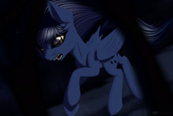 Size: 1920x1280 | Tagged: safe, artist:styroponyworks, deleted from derpibooru, imported from derpibooru, princess luna, hengstwolf, hybrid, pony, werewolf, female, mare, night, open mouth, running, solo, wereluna