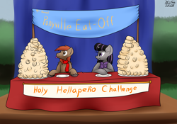 Size: 3111x2180 | Tagged: safe, artist:the-furry-railfan, imported from derpibooru, oc, oc only, oc:magna-save, oc:winterlight, pegasus, pony, unicorn, burrito, clothes, eating contest, female, food, herbivore, jalapeño, male, mare, plate, scarf, stallion, table, this will end in balloons, this will end in diarrhea, this will end in weight gain, tongue out, vest