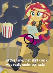 Size: 708x967 | Tagged: safe, edit, edited screencap, imported from derpibooru, screencap, sunset shimmer, equestria girls, equestria girls series, stressed in show, boots, chair, circle, clothes, cropped, female, food, high heel boots, popcorn, shoes, skirt, solo, text, text edit