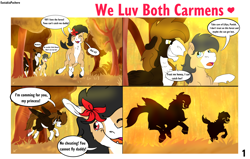 Size: 5500x3500 | Tagged: safe, artist:euspuche, deleted from derpibooru, imported from derpibooru, oc, oc only, oc:liliya krasnyy, oc:punish mittet, oc:zarza zarevna, pegasus, pony, comic:we luv both carmens, cyrillic, eyes closed, family, father and daughter, female, flower, flower in hair, forest, male, mother and daughter, mother and father, open mouth, running, russian, shadow, smiling, sunset, tree, trotting