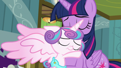 Size: 1280x720 | Tagged: safe, imported from derpibooru, screencap, princess flurry heart, twilight sparkle, alicorn, pony, a flurry of emotions, baby, baby flurry heart, baby pony, cloth diaper, cute, daaaaaaaaaaaw, dawwww, diaper, eyes closed, flurrybetes, forgiveness, happy, holding a baby, holding a pony, hug, light pink diaper, ponyville hospital, safety pin, smiling, spread wings, twiabetes, twilight sparkle (alicorn), wings