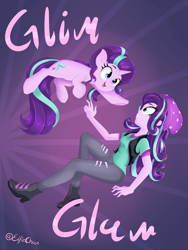 Size: 3600x4800 | Tagged: safe, artist:katakiuchi4u, imported from derpibooru, starlight glimmer, pony, unicorn, equestria girls, 2018, beanie, clothes, cute, duo, female, galacon, galacon 2018, glim glam, glimmerbetes, hat, human ponidox, looking at each other, mare, open mouth, pants, print, ripped pants, self paradox, self ponidox, shirt, smiling, solo, text